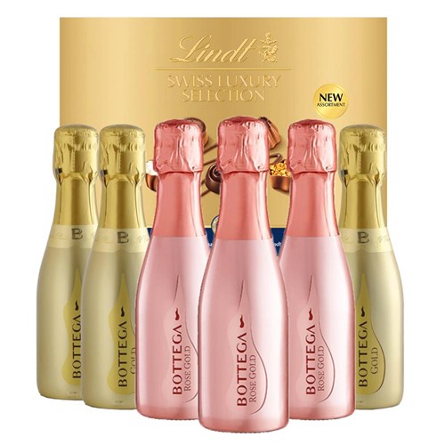 Mini Prosecco Bottega Rose and Bottega Gold 20cl Case of 6 with Lindt Swiss Tradition Chocolates 193g